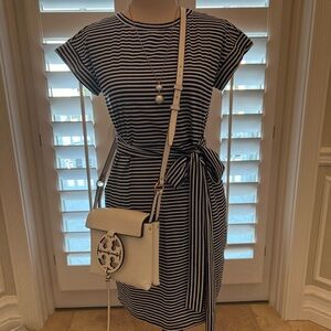 Black and White Sheath Mini Dress with Ruched Tie Front